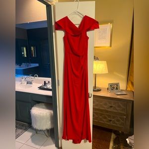 Red Vince Camuto dress. Off the shoulder, draped, floor length. Size 12